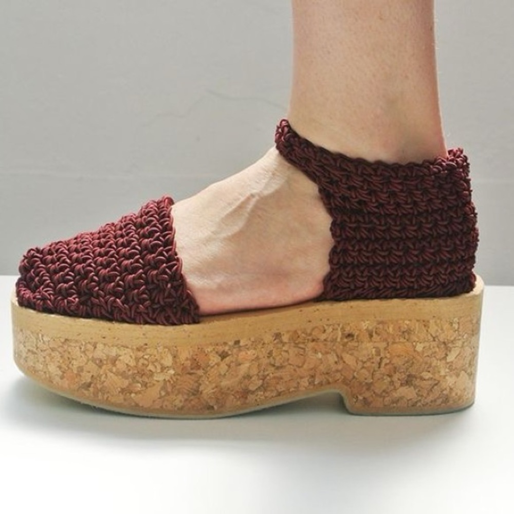 Arielle De Pinto LVMM Platform Sandals Ankle Strap Stretch Cork Heel Maroon 40